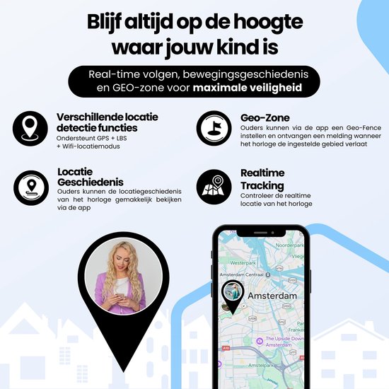 Zwarte smartwatch met locatie functies, realtime tracking en geo-zone kaartweergave.