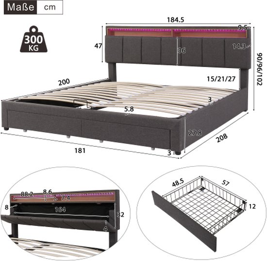 BHFFTHK Gestoffeerd bed, 180 x 200 cm, tweepersoonsbed met 4 laden, ledverlichting, rugleuning, opbergruimte,houten lattenbodem, verstelbaar hoofdeinde met USB, linnen, donkergrijs