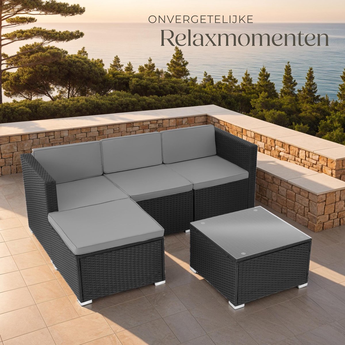 tectake® Wicker lounge - Tuinmeubelset voor buiten met bank, fauteuil, kruk en tafel - Variabel combineerbaar - Weerbestendig meubilair - Voor 3-4 personen - Balkonmeubilair - Tuinlounge - Terrasmeubilair - Zwart thumbnail 5