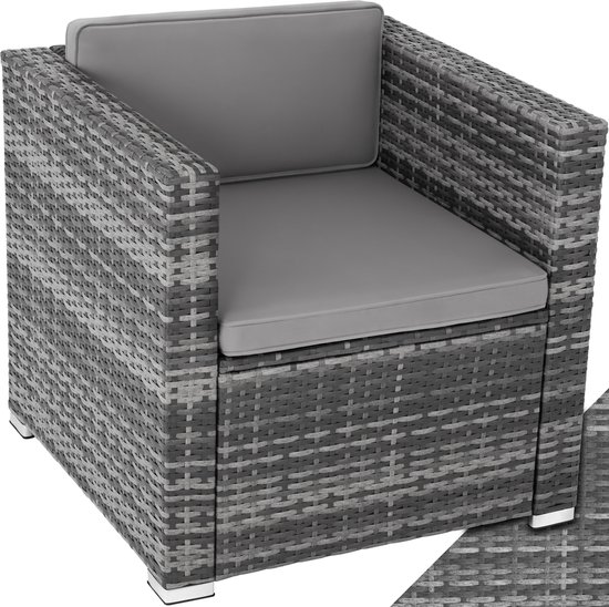 tectake® Comfortabele wicker fauteuil met armleuningen - Tuinmeubelen voor balkon, tuin, lounge - Afmetingen (LxBXH) 70x69x65 cm - Waterafstotende en wasbare hoezen - Inclusief zit- en rugkussens - Poly-rattan - Grijs