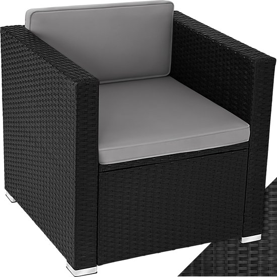 tectake® Comfortabele wicker fauteuil met armleuningen - Tuinmeubelen voor balkon, tuin, lounge - Afmetingen (LxBXH) 70x69x65 cm - Waterafstotende en wasbare hoezen - Inclusief zit- en rugkussens - Poly-rattan - Zwart