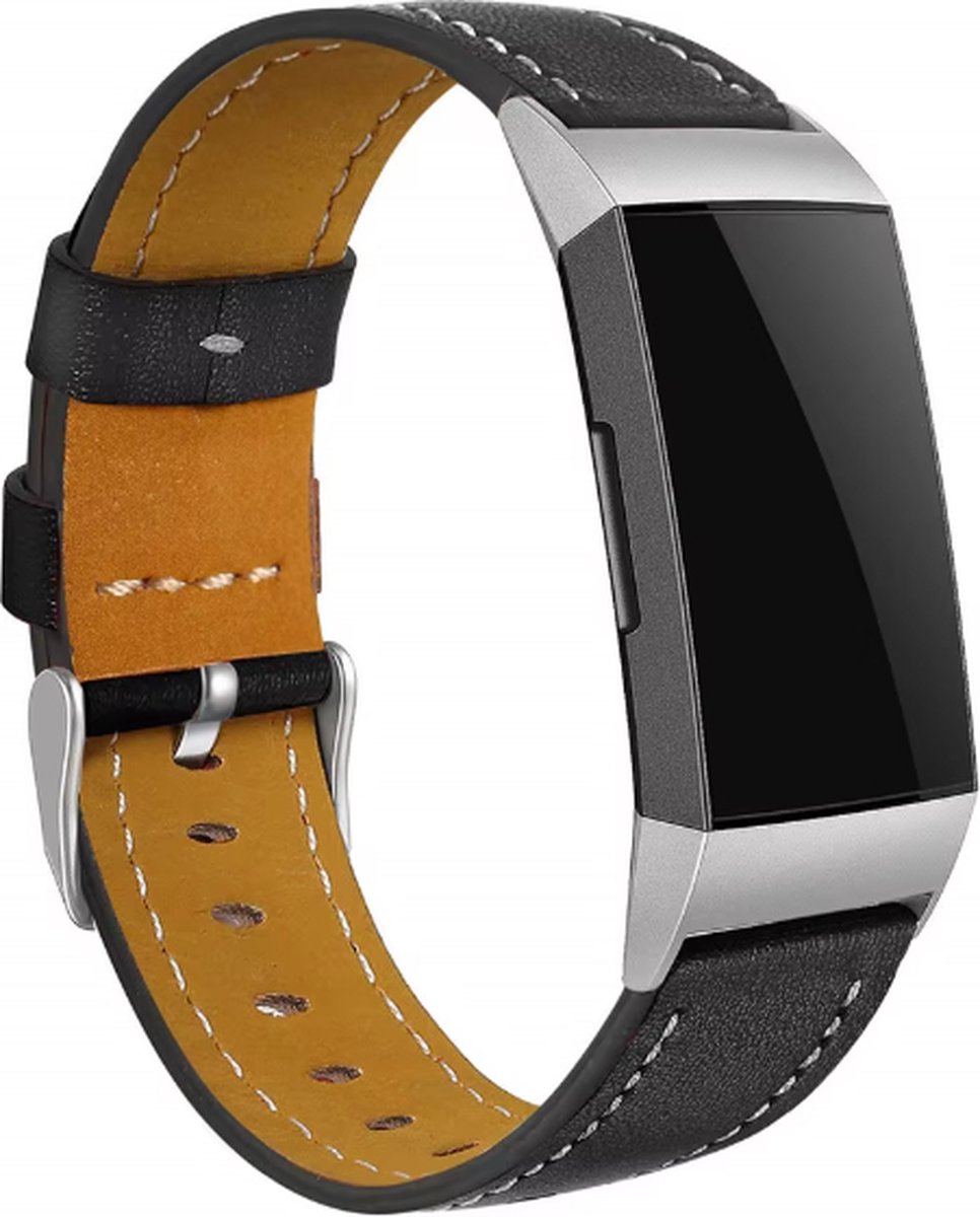 Actie4you® - Leren bandje - Geschikt voor Fitbit Charge 3 / Fitbit Charge 4 – Fitbit Bandje - Glad Zwart
