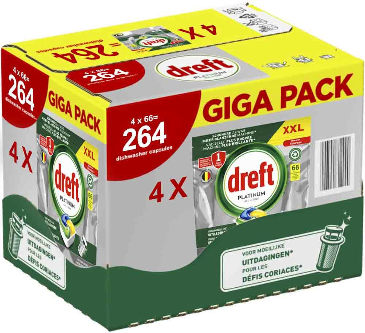 Goedkoopste Dreft Platinum All In One Vaatwasmiddel - Citroen - Voordeelverpakking 4 x 66 Vaatwastabletten