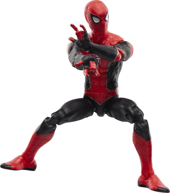 Spiderman actiefiguur, 'Upgraded Suit', rood met zwarte delen, in een dynamische pose.
