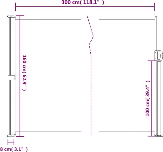 Afmetingen van een uittrekbaar windscherm: 160cm hoog, 300cm breed.