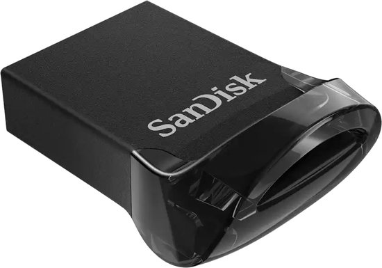 Zwarte SanDisk Ultra Fit USB-stick met transparante beschermkap, zijaanzicht.