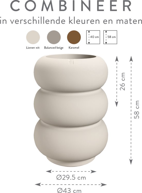 Witte, gestapelde pot met afmetingen en kleuropties: linnen wit, balanced beige, karamel.