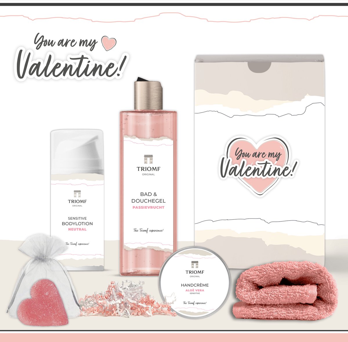 Geschenkset “You Are My Valentine!” - 5 producten - 660 gram - Luxe wellness cadeaubox voor haar - Giftset Woman - Girlfriend - Gift Set for my Love - Valentijn Cadeau pakket vrouw - vriendin - Set Valentijnsdag - Cadeaupakket - Hartje - Rood - Rose