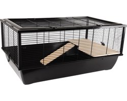 Hamsterkooi – Flamingo Elsa – caviakooi & dwergkonijnenkooi – kooi met platform en loopplank – metaal zwart & hout naturel – 77x47x36,5 cm – Europese kwaliteit