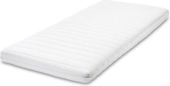 Surmatelas blanc en mousse froide de 5 cm de haut avec un motif rayé et perforé.