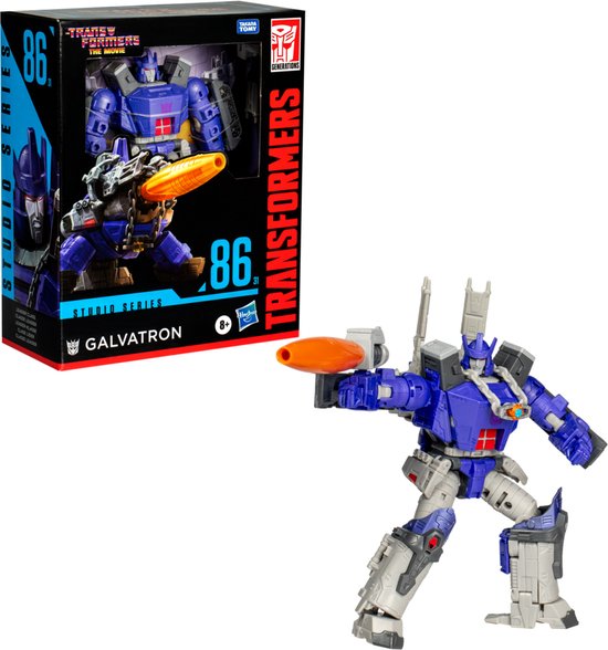 Studio Series Galvatron met oranje kanon, zittend op grijze tank. Blauwe robot met grijze details en rode borst. Doos met afbeelding van de robot.
