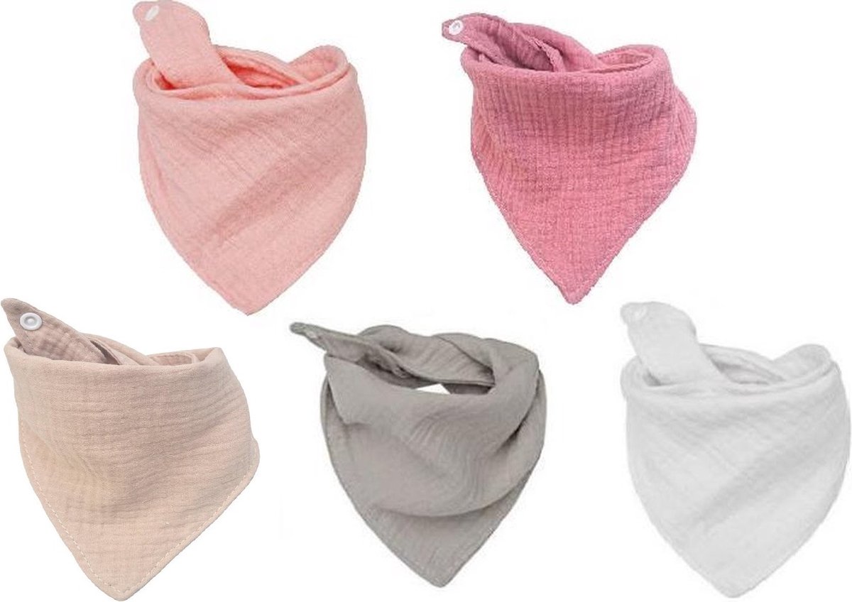 Goedkoopste 5 stuks Hydrofiele bandana slabbetjes - Effen Roze- grijs wit - katoen - kwijlslabbetjes