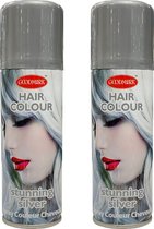 Haarspray of haarverf - 2x - kleur zilver - verkleed accessoires - 125 ml - volwassenen en kinderen - carnaval