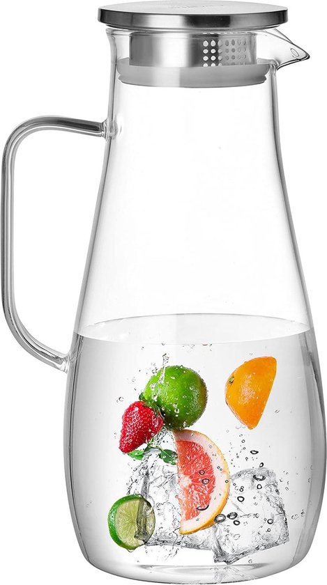 Waterkan van glas met roestvrijstalen deksel en goudkleurig handvat, lekvrije koelkastdeur, ijstheekruk, sapkan voor warme en koude dranken, sap, melk, koffie, wijn (1,8 l