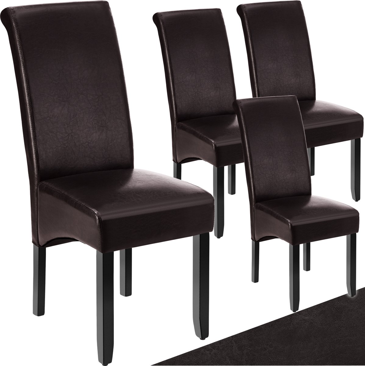 tectake® Eetkamerstoel - Comfortabele kunstleren stoel met hoge rugleuning - Keukenstoel voor keukentafel - Gestoffeerde keukenstoel - Diverse kleuren en sets - Maximale belasting 120 kg - Afmeting (LxBxH) 44 x 63 x 106 cm - Set van 4 - Bruin