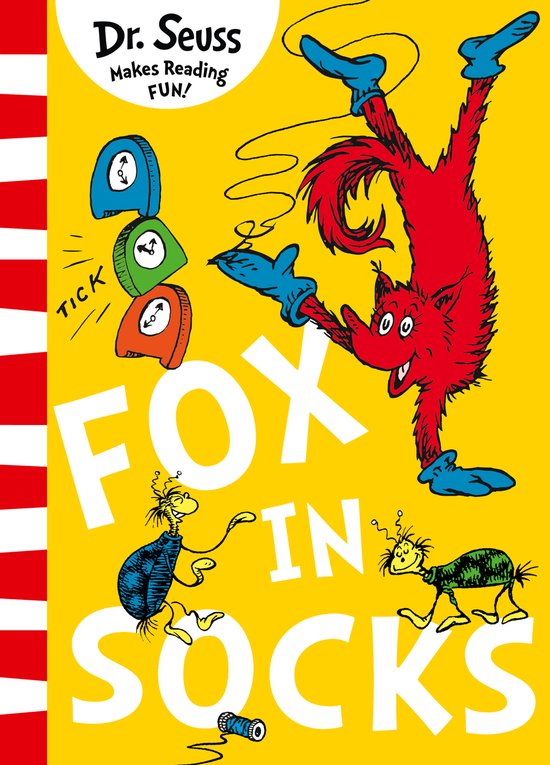 Dr. Seuss 'Fox in Socks' boekomslag met een rode vos met blauwe sokken die ondersteboven hangt en twee groene wezens.