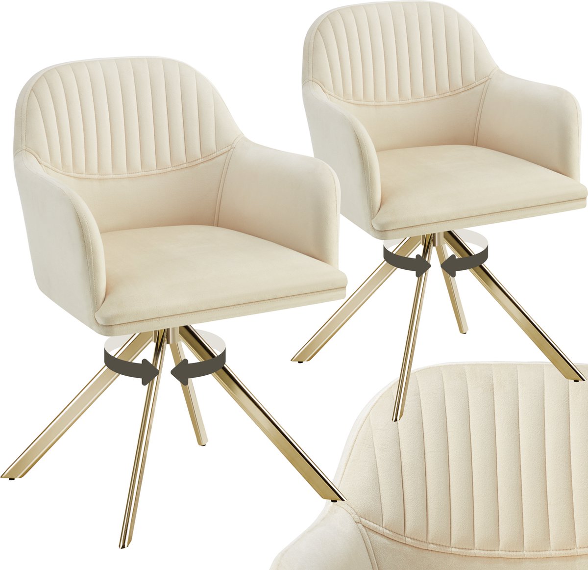 Tectake Fluwelen draaistoel - Bureaustoel - Eetkamerstoel met armleuningen - Fluwelen bureaustoel, keukenstoel, woonkamerstoel - 56 x 59 x 81 cm - Set van 2 - Creme/goud creme / goud