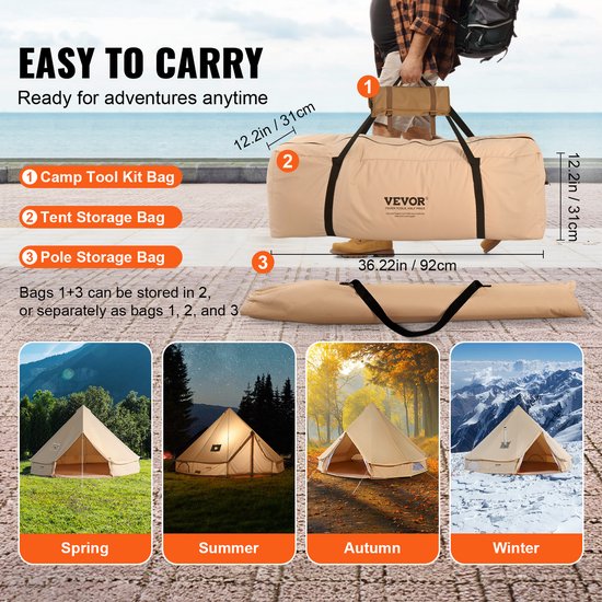 VEVOR Bell Tent 4 x 2,5 m Yurttent TC Katoen en zware ijzeren palen met een PVC grondzeil Campingtent 6-persoons familietent 8 ramen Groepstent voor buitenavonturen van Merkloos — afbeelding 4