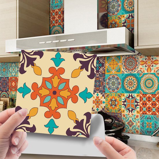 24 pièces - Autocollants pour carrelage - carrelages Décoration - Carrelage - Carrelage autocollant - Sticktiles - Salle de bain - Cuisine - 15x15 cm - Mandala rétro - PVC - Coloré