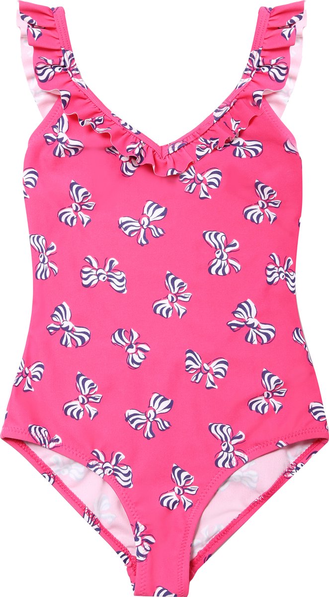 La V Badpak met ruches fuchsia roze 140-146