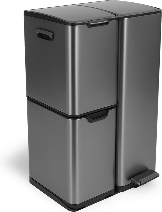 Umuzi Cleaning prullenbak - 60L - Soft close - Metal grey - Afval Scheiden 3 bakken - 47 x 39 x 72
