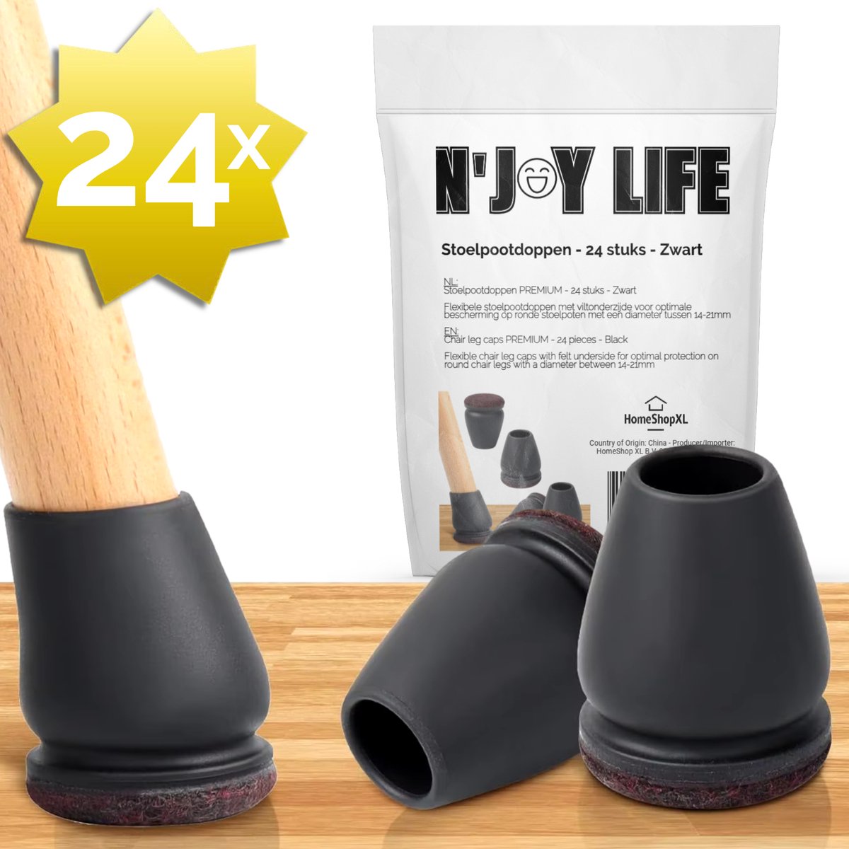 N'JOY LIFE - 24x Premium Stoelpoot beschermers Flexibel - Stoelpootdoppen 14-21 mm voor Ronde Stoelpoten - Rond 14-21mm - Anti-Kras Vilt - Vloerbescherming - Vloer Bescherming - 14/15/16/17/18/19/20/21 mm - BPK
