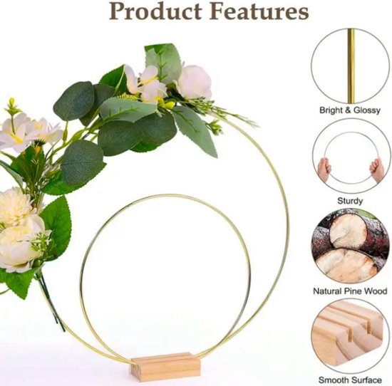 Metalen ringen om te knutselen, 3-delige set metalen ringen met voet, decoratie met voet, 20 cm + 30 cm, houten standaard, krans, metalen ring voor doe-het-zelf dromenvanger - goud
