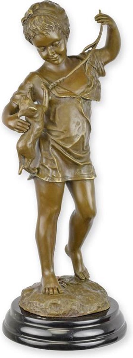 Meisje met Kat - Bronzen Sculptuur - Klassiek Brons Beeld - Bruine Patina - Marmer Sokkel - 39 cm