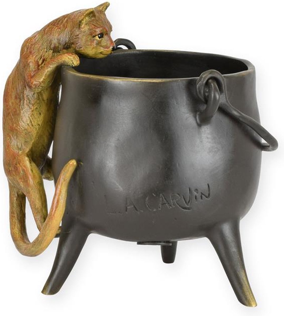 Bronzen kat beeld in ketel - Woondecoratie Beeldje - kat sculptuur, katten beeldje brons - realistische afwerking - stevige driepoot - perfect cadeau - 12,7x12,4x9,3 cm zwart/brons