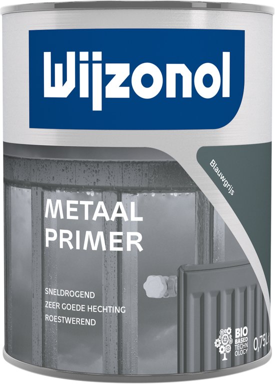 Blauwgrijze metaal primer van Wijzonol. Sneldrogend, zeer goede hechting, roestwerend. 0,75 liter.