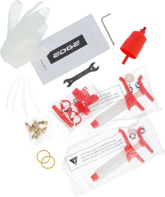 Edge ontluchtingskitcomponenten: spuiten, trechter, ringen, gereedschap, instructieboekje, handschoenen en adapters.