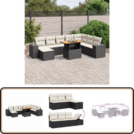 vidaXL - 9-delige - Loungeset - met - kussens - poly - rattan - zwart