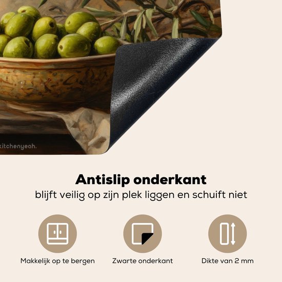 Arrière d'une planche à découper représentant une nature morte d'olives et d'huile d'olive, avec texture et dessous antidérapant.