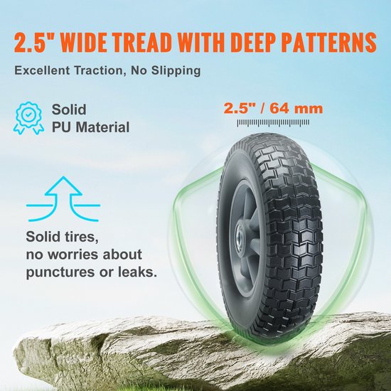 VEVOR Volledige PU-wielen met RunFlat-banden, 10 inch, 2 stuks, 180 lbs Dynamische Belasting, 220 lbs Statische Belasting, Tubeless Banden en Wielenset voor Steekwagens, Bedrijfswagens, Dolly's, Tuinaanhangers van Merkloos	 — afbeelding 5