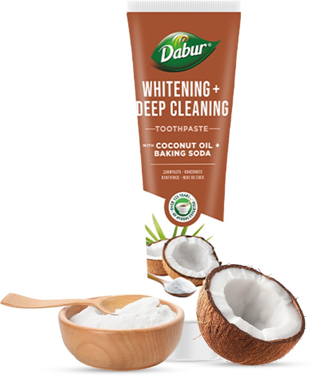 Tandpasta, whitening, met kokosnootolie en baking soda, Dabur, vegan, 100 ml