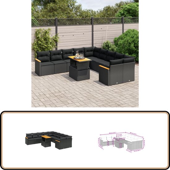 vidaXL-11-delige-Loungeset-met-kussens-poly-rattan-zwart