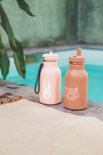 Roze Trixie drinkfles met kattenafbeelding en lichtroze fles met konijnenafbeelding naast zwembad.