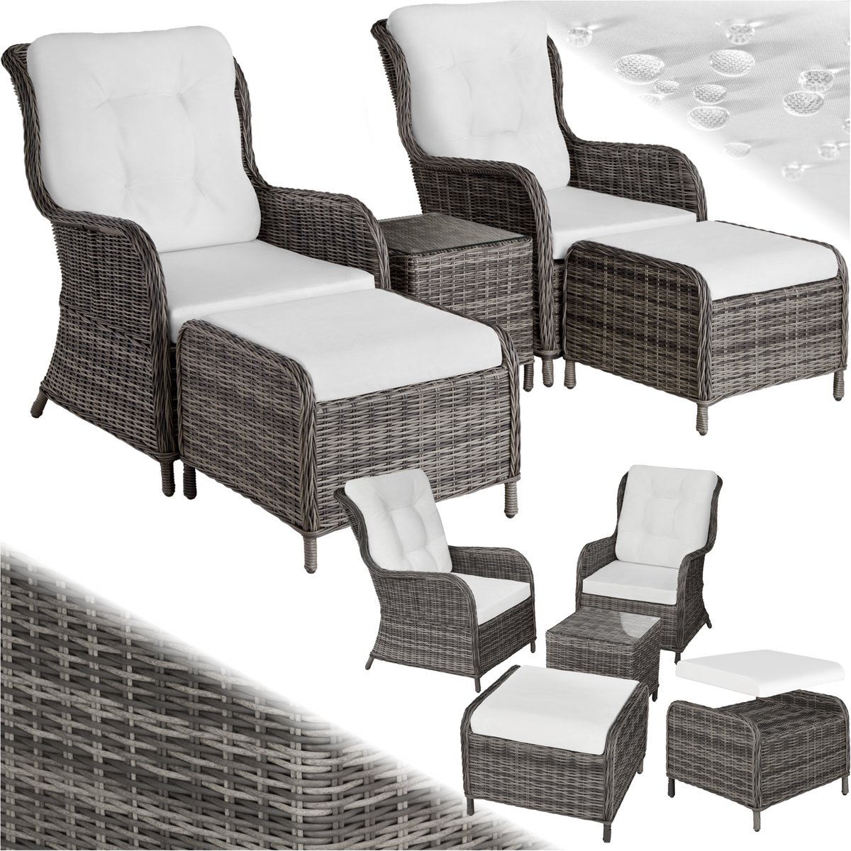 tectake® 2x Premium Wicker Tuinstoelen - Fauteuils met Kruk en Tafel - Relaxstoel voor tuin, terras en balkon - Ligstoel - Leesstoel - Lounge Tuinmeubel Set - Weerbestendig - Variabel - Grijs