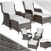tectake® 2x premium wicker fauteuils met kruk en tafel - relaxfauteuil voor tuin - terras en balkon - lounge tuinmeubelset weerbestendig - variabel - tuinstoelen - leesstoel en ligstoel - grijs - poly-rattan