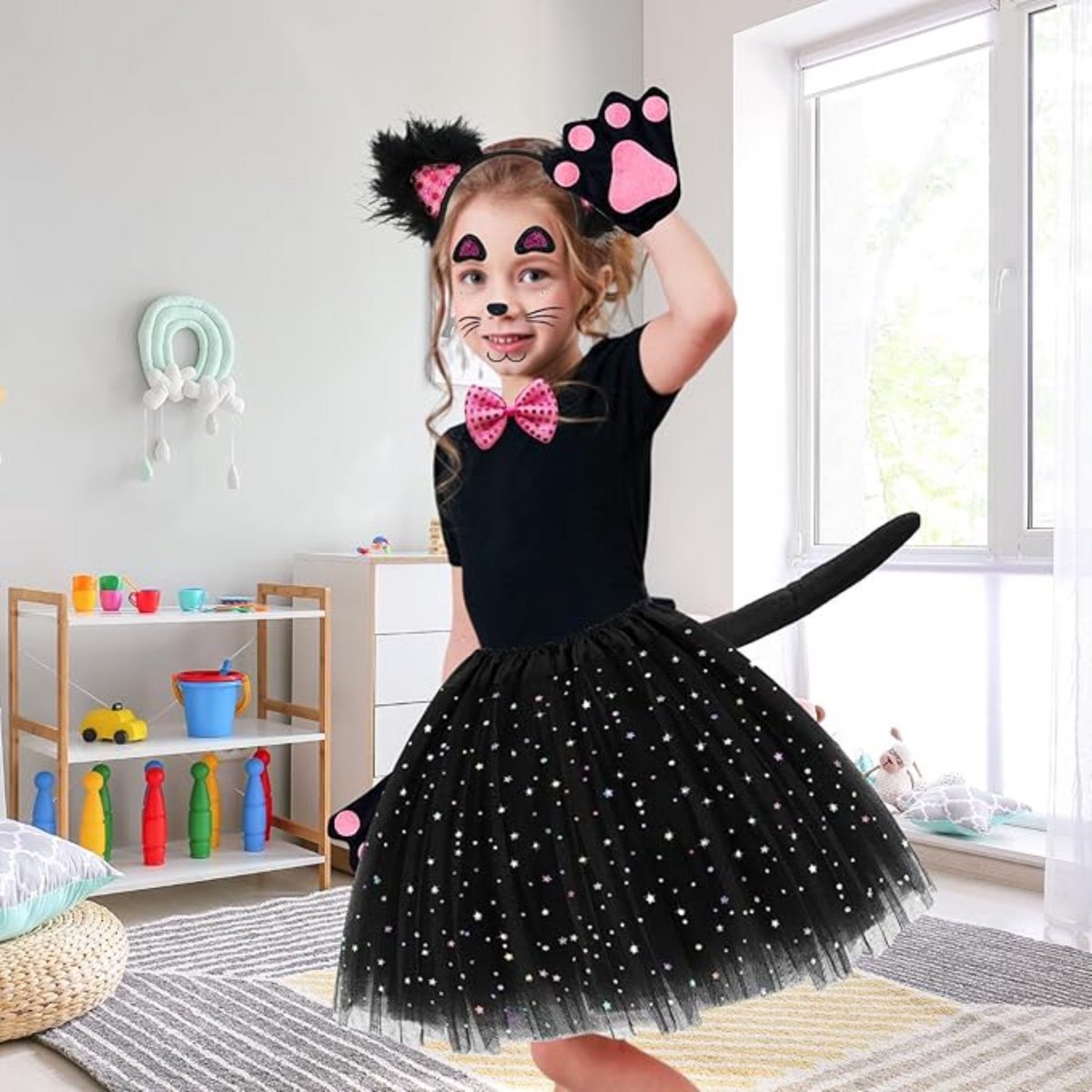 Merkts Kat cosplay kostuum set, inclusief kattenoren hoofdband, kattenstaart, kat klauw strik, voor gothic verkleedpartij, vakantie, feest, cosplay