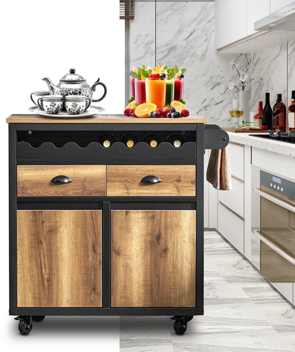 Keukeneiland - Verplaatsbaar - Keukenkast - Dressoir - Organizer - Kasten - Houten Werkblad - 1 Flessenhouder - 2 laden - 2 deuren - Zwart