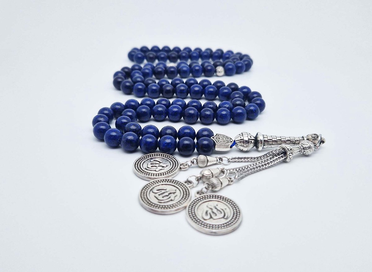 Handgemaakte tesbih "Tasbih" natuursteen " Azuur" - Aantal kralen 99 - Diameter kralen 8MM - met metaal tassel "Allah Alwahid" - Een mooi cadeau-idee