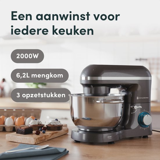 KitchenBrothers Keukenmachine - Keukenrobot - 6,2L Mengkom - Keukenmixer - 1400W - Antraciet van KitchenBrothers — afbeelding 3