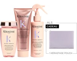 Kérastase Gloss Absolu Anti-Frizz Trio + Cadeau - Shampoo 250ml & Conditioner 250ml & Leave-in Haarspray 190ml + Flatpouch Cadeau - Voor Lang Haar Gevoelig voor Pluis - Met Hyaluronzuur