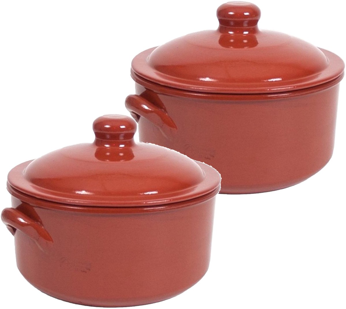 2x Stenen ovenschaal/stoofpotje met deksel bruin 25 cm - Terracotta ovenschalen/stoofpotten