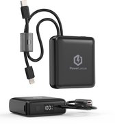 Zwarte PowerLocus powerbank met één USB-C en één Lightning kabel, 10000mAh.