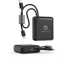 PowerLocus Powerbank 10000mAh – Ingebouwde oplaadkabels – 1x 8-Pin & 2x USB-C Power Delivery – 20W Snelladen – Universeel voor Smartphones, Tablets & Gadgets/meer – LED Display – Zwart