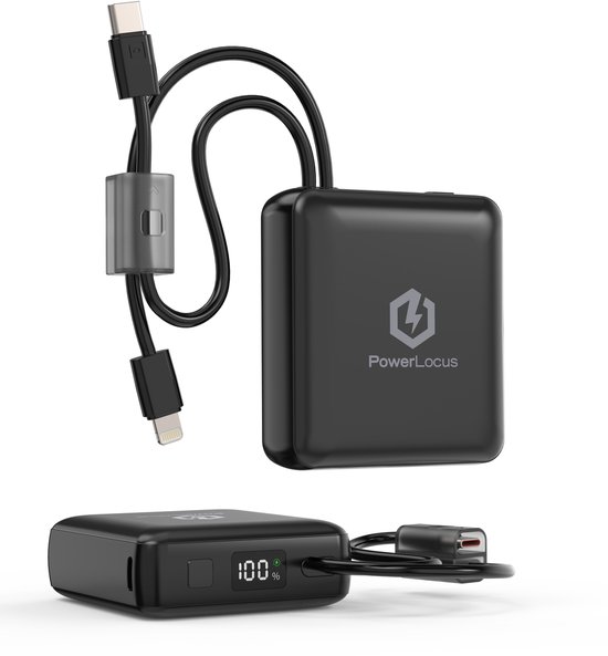 PowerLocus Powerbank 10000mAh met Ingebouwde Oplaadkabels