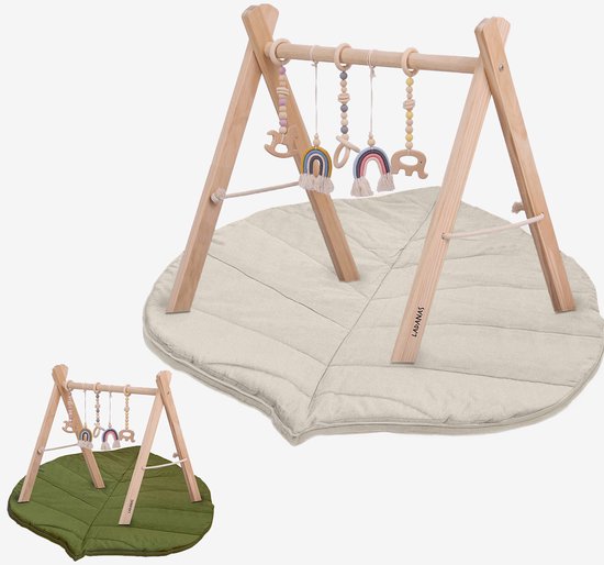 babygym hout incl. 5 speeltjes + dubbelzijdige speelmat – houten Speelboog Baby – Stevige constructie & inklapbaar
