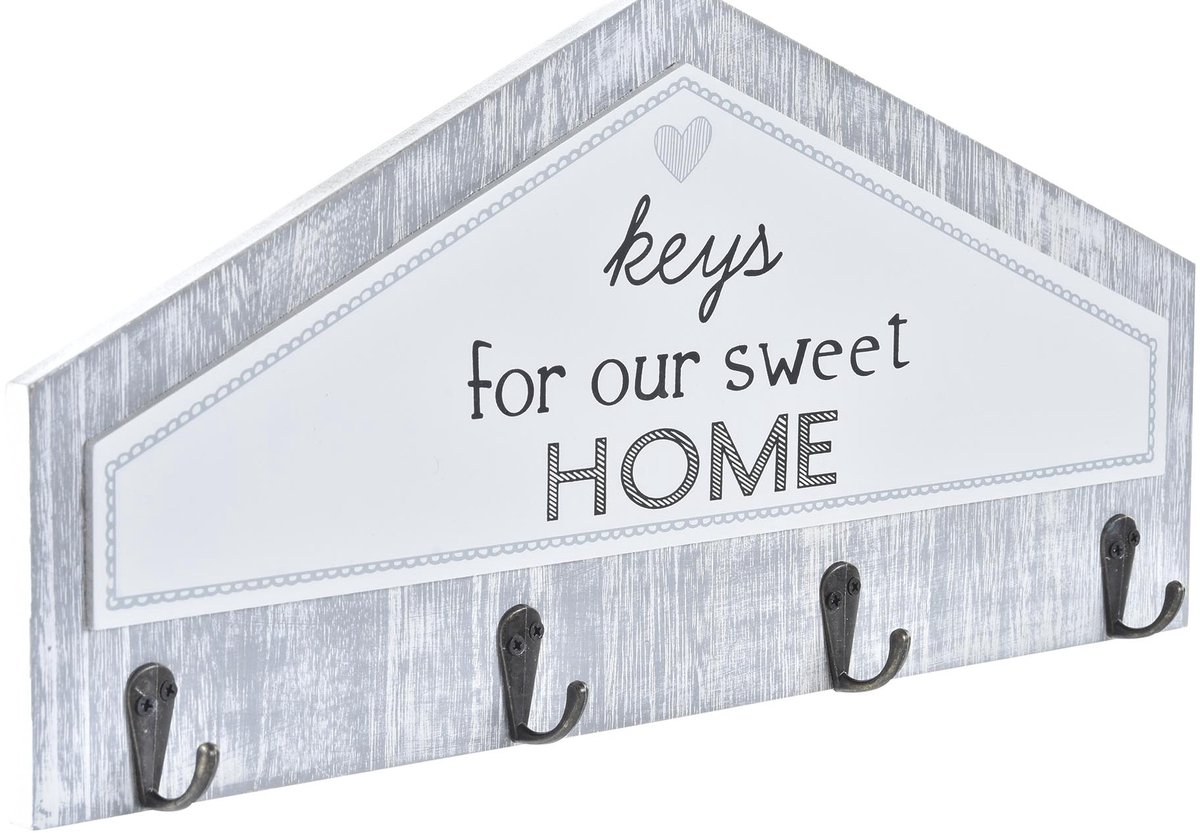 Sleutelrek - Keys for our sweet home - Wit - Grijs - 4 Haak donker - 39x4x19 cm